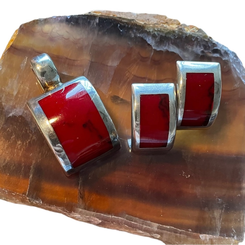 Sterling, Red Jasper, Mexico Pendant/ Earrings Set.